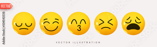 Set Icon Smile Emoji. Realistic Yellow Glossy 3d Emotions face happy smile, disappointment grief, sadness, sadness, kiss, resentment embarrassed, Pack 12. Vector illustration
