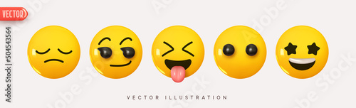 Set Icon Smile Emoji. Realistic Yellow Glossy 3d Emotions face happy smile star eyes, grimacing showing protruding tongue, handsome, sleeping. Pack 16. Vector illustration