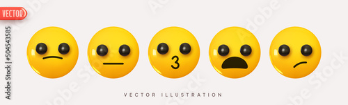 Set Icon Smile Emoji. Realistic Yellow Glossy 3d Emotions face, confused, worried, surprised, frowning. persevere. Pack 18. Vector illustration