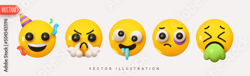 Set Icon Smile Emoji. Realistic Yellow Glossy 3d Emotions face, happy smile birthday, party holiday, anger steam smoke from the nose, sick, bruise eye injury, drunk. Pack 16. Vector illustration