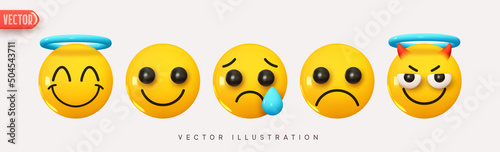 Set Icon Smile Emoji. Realistic Yellow Glossy 3d Emotions face an evil cunning angel, a happy satisfied angel, a sad smile with a tear. Pack 31. Vector illustration