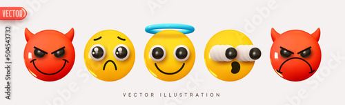 Set Icon Smile Emoji. Realistic yellow glossy 3d emotions face. Emoticons collection. Pack 35. Vector illustration