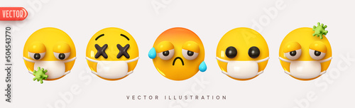 Set Icon Smile Emoji. Realistic yellow glossy 3d emotions face medical mask, fever, cold disease, virus protection, Emoticons collection. Pack 38. Vector illustration
