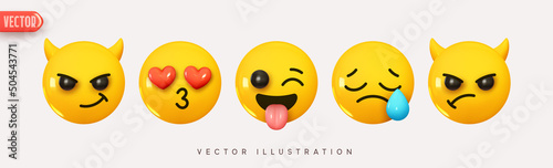 Set Icon Smile Emoji. Realistic yellow glossy 3d emotions face. Emoticons collection. Pack 36. Vector illustration