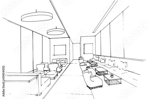 Sketch drawing of a lobby lounge and corridor area,modern design, vector, 2d illustration.