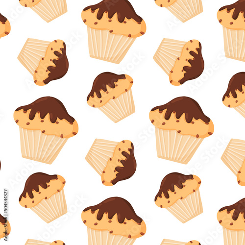 Pattern with chocolate cupcake. Seamless pattern with muffins in chocolate. Vector illustration in cartoon style.