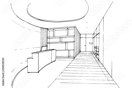 lobby office sketch drawing,office reception area,Modern design,vector,2d illustration