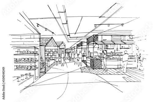 shopping mall corridor area The restaurants and shops sketch drawing,Modern design,vector,2d illustration