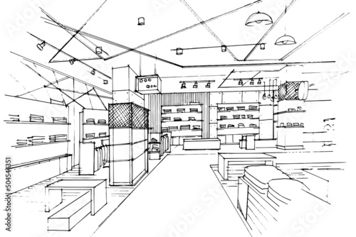 Sketch drawing of clothing store corridor, modern design, vector, 2d illustration.