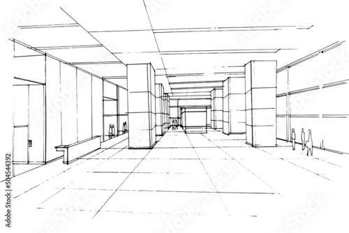lobby office sketch drawing,office reception hall area,Modern design,vector,2d illustration