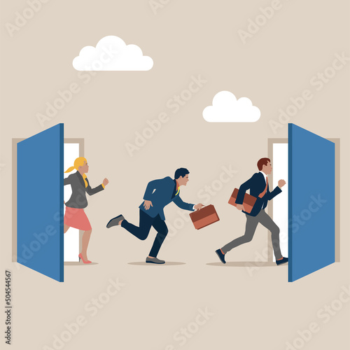 Great resignation, employee resign, quit or leaving company, people management or human resources problem concept, business people employee resign and walk through exit door. photo