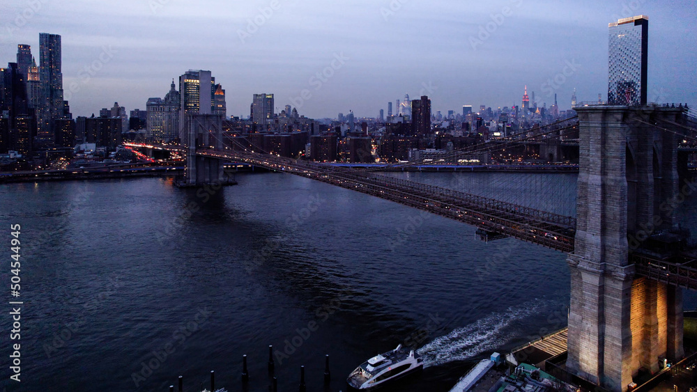 Drone view of Manhattan bridge and New York city on background Drone view of Manhattan bridge and New York city on background