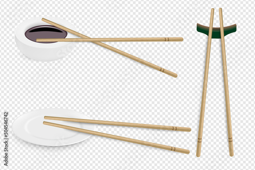 Vector realistic set of sushi items with bamboo sticks. Illustration of sushi table serving on a transparent background