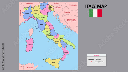 Italy Map. Colorful Italy Map with neighboring countries names and borders.