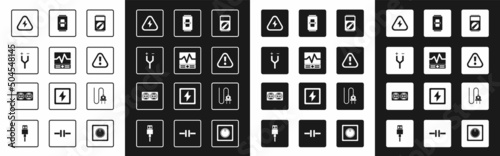 Set Multimeter, Electrical measuring instruments, cable, High voltage, Exclamation mark triangle, light switch, plug and outlet icon. Vector