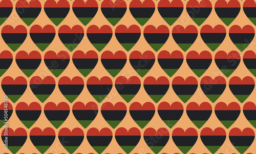 Seamless pattern background with hearts in color of Pan African flag - red, black, green. Vector backdrop texture for Juneteenth, Black History Month, Kwanzaa.