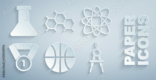 Set Basketball ball, Atom, Medal, Drawing compass, Chemical formula and Test tube and flask icon. Vector