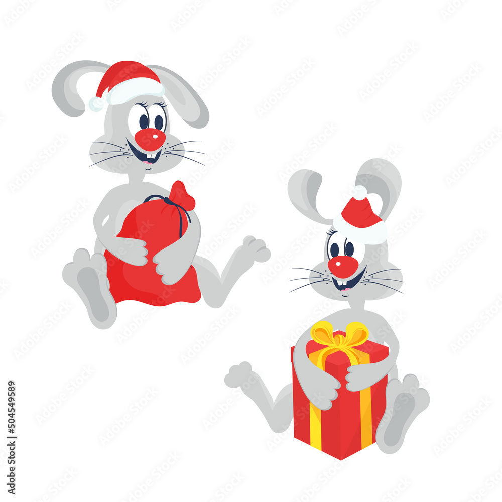 A cheerful hare. Cartoon. The rabbit holds a box and a bag of gifts. Vector set on a white background. A cheerful hare. Cartoon. The rabbit holds a box and a bag of gifts. Vector set on a white background.