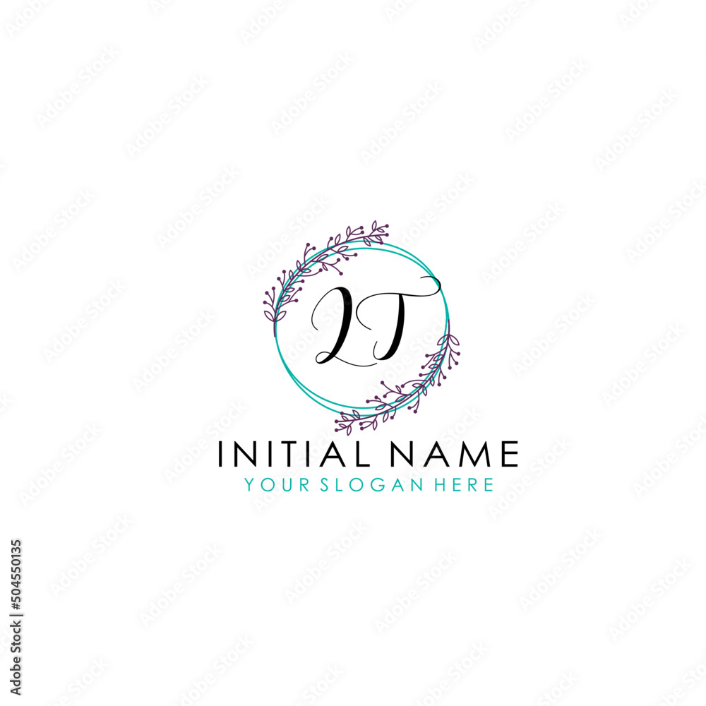 Initial letter LT handwriting with floral frame template