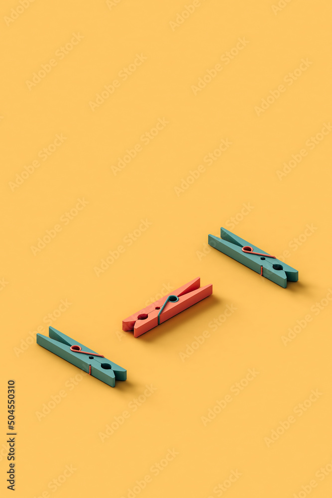 three clothespin on yellow background. 3d render three clothespin on yellow background. 3d render