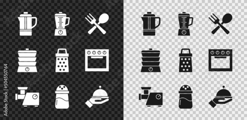 Set Teapot, Blender, Crossed fork and spoon, Kitchen meat grinder, Salt, Covered with tray, Slow cooker and Grater icon. Vector