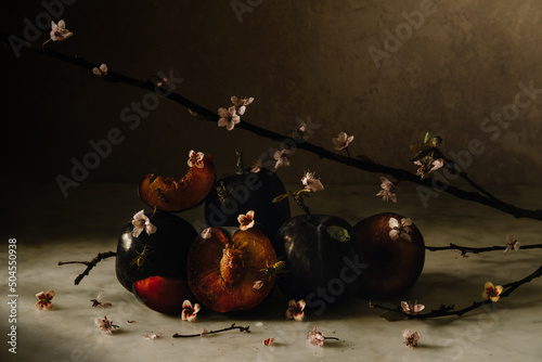 Still Life with Plums, Flowers & Insects photo