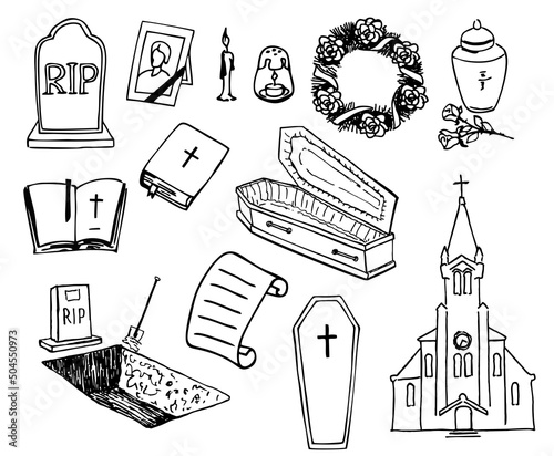 Funeral and cemetery attributes doodle set. Elements hand drawn vector illustration collection. Tombstone, cross, candle and flower wreath vintage sketch. Bereavement, sorrow and cemetery concept