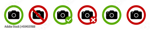 Camera badges. Red circle and camera in a green circle. Vector illustration