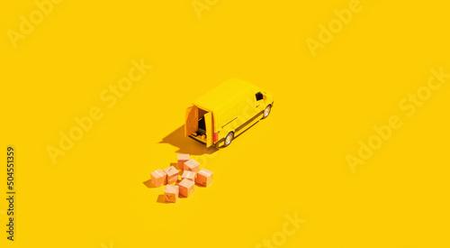 Yellow delivery van  delivering carboard boxes photo