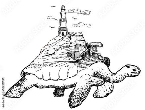 Typography with turtle illustration. Turtle in tattoo style. Travel to the sea concept. Sea and lighthouse. Isolated vector illustration. For poster, shirt design effect, logo, tattoo, decoration