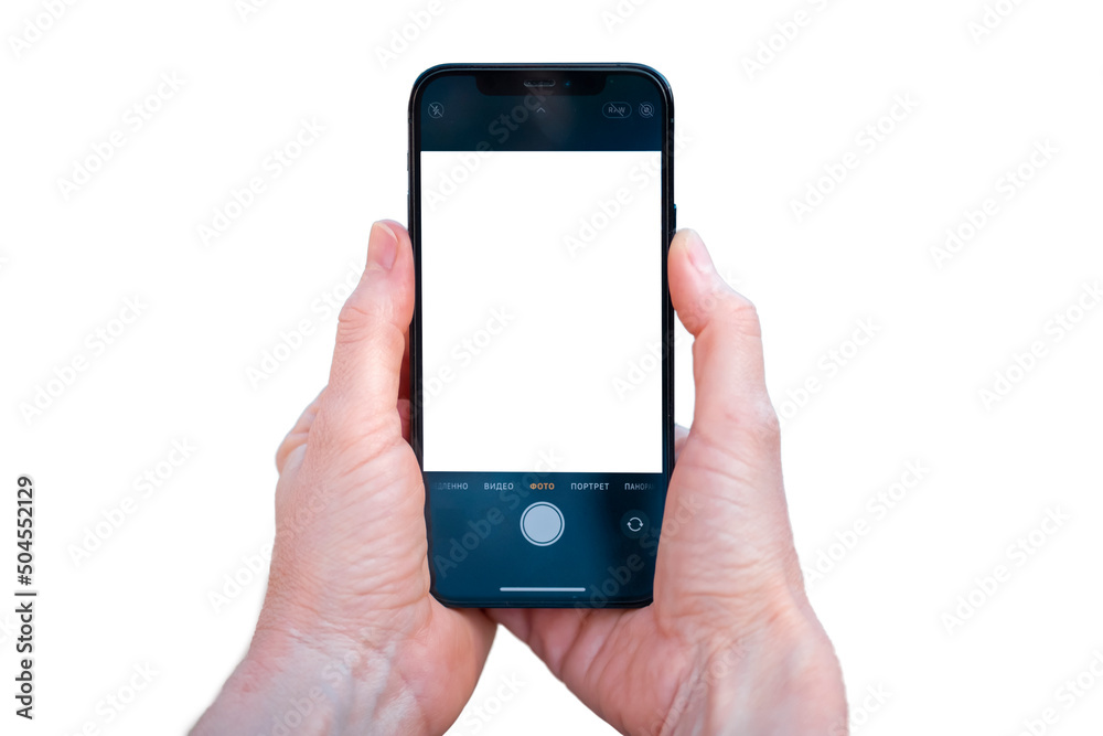 Woman hand holding smart phone on white background and taking pictures