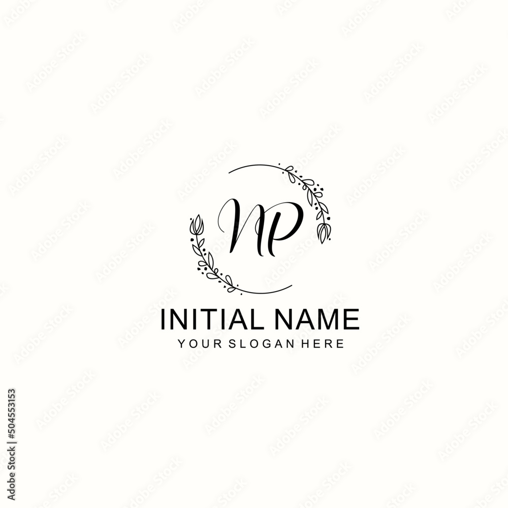 Initial letter NP handwriting with floral frame template