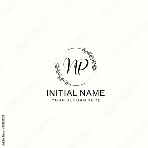 Initial letter NP handwriting with floral frame template
