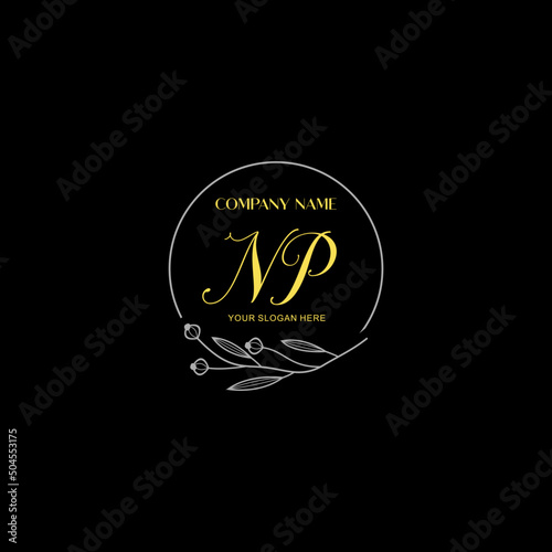 Initial letter NP handwriting with floral frame template