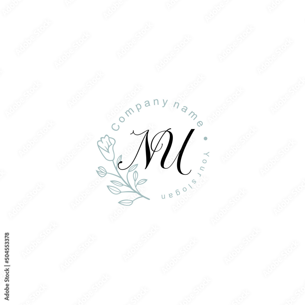 Initial letter NU handwriting with floral frame template