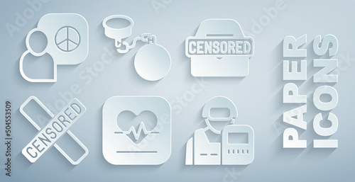 Set Heart rate, Censored stamp, Police officer, Ball on chain and Peace talks icon. Vector
