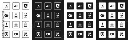 Set Animal health insurance, Dog collar with bone, Paw print, Collar name tag, Calendar grooming, Pet toys ball, Cage for birds and Cat scratching post icon. Vector