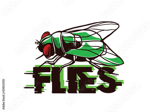 Flies icon set. Fly insect flying on a dotted route. Vector illustration