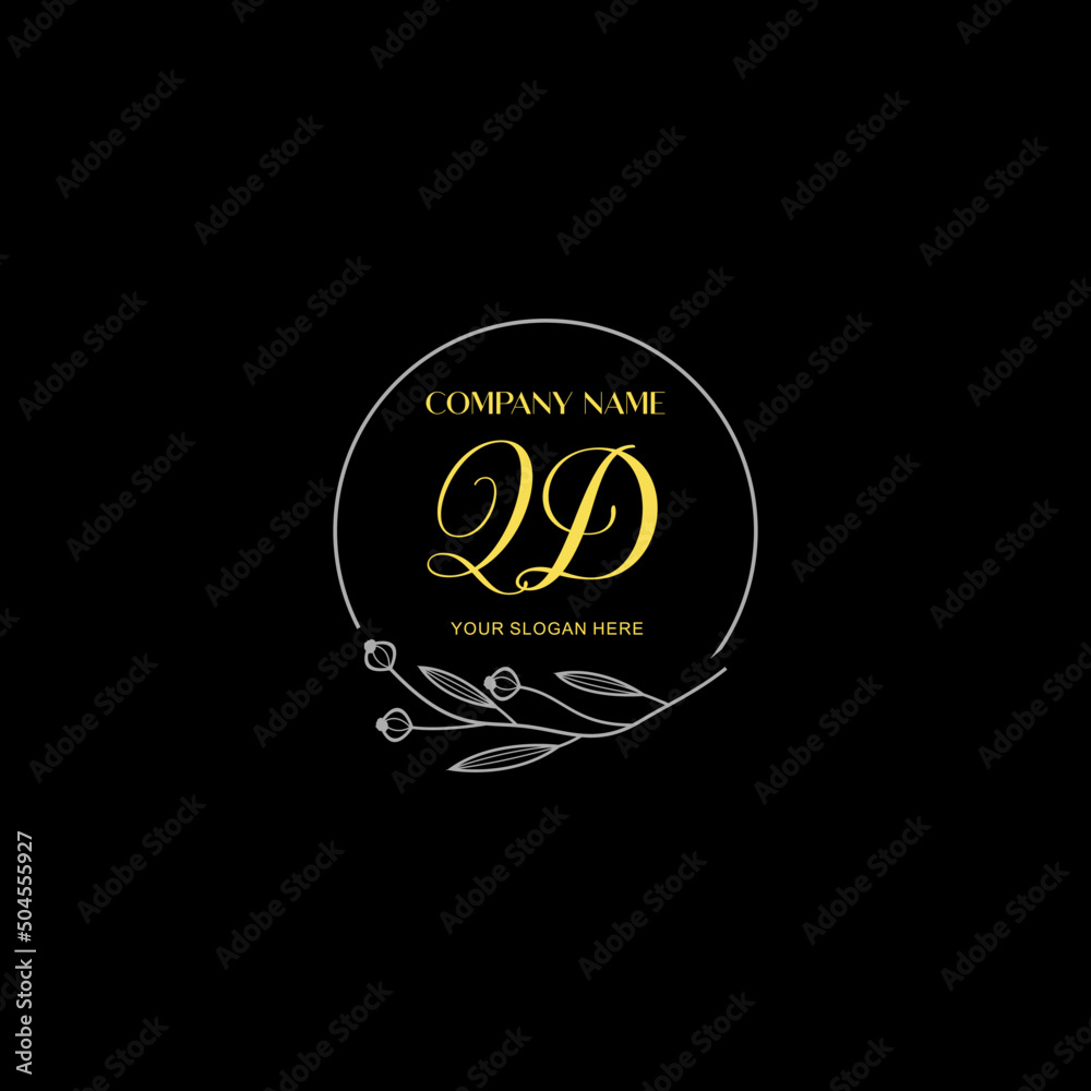 Fototapeta premium Initial letter QD handwriting with floral frame template