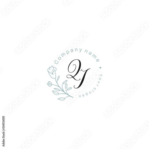 Initial letter QI handwriting with floral frame template