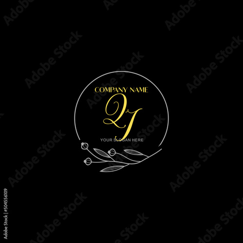 Initial letter QI handwriting with floral frame template