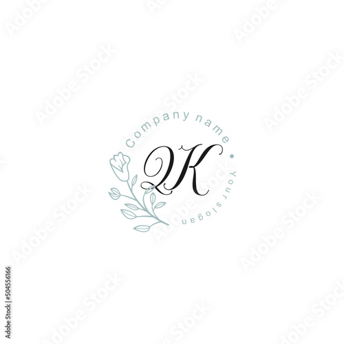 Initial letter QK handwriting with floral frame template