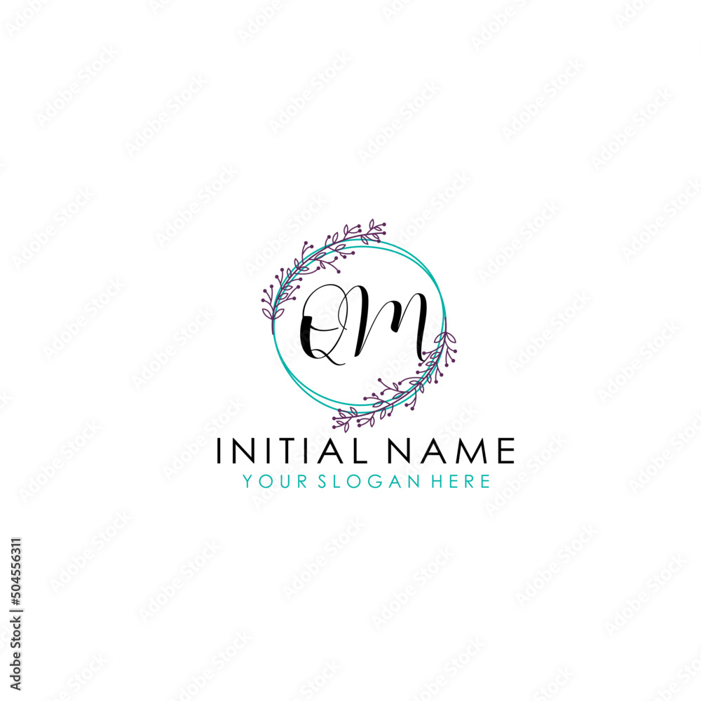 Initial letter QM handwriting with floral frame template