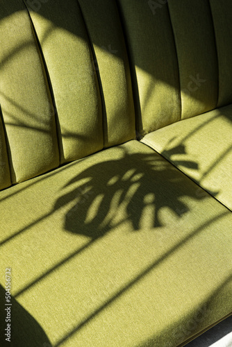 Green couch with the shadow of a monstera plant in it