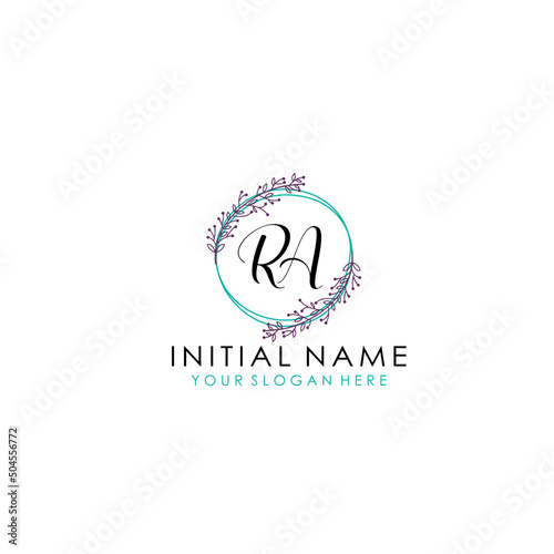 Initial letter RA handwriting with floral frame template