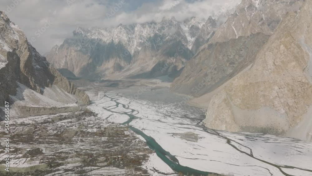 Aerial view of magnificent peaks of Passu Cones in Hunza Valley