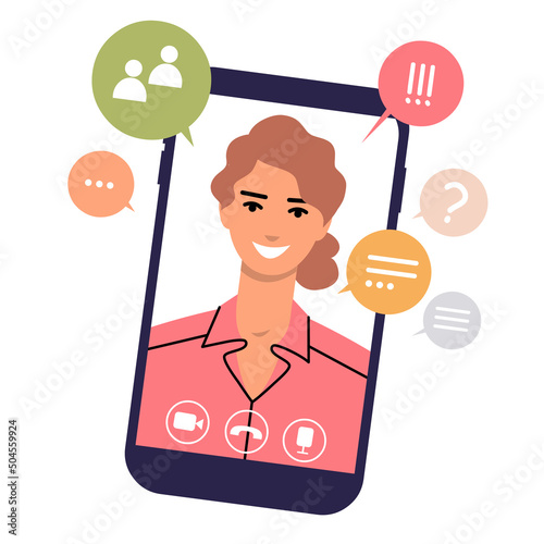 Cheerful girl with speech bubbles on smartphone screen with video call icon. Young woman on the phone display. Concept of online conversation, chat, conference, meeting, video communication. Vector.