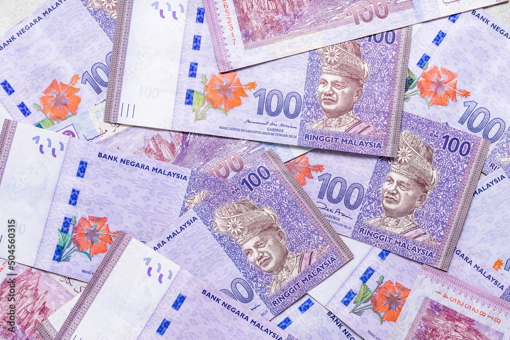 scattered Malaysian money banknotes of one hundred ringgit, Business economic background