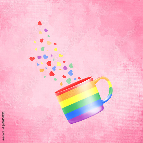 Colorful mug and hearts like confetti. LGBT motif. Watercolor on paper texture. 