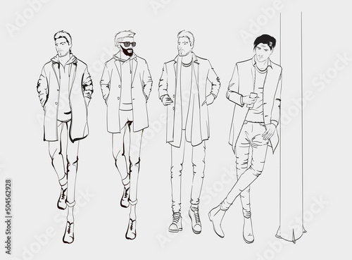 Fashion man set. Sketch of a fashion man in a jacket on a white background. Autumn man. Street style